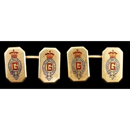 647 - A pair of 1920's/1930's Cartier gold and two colour enamel rectangular Regimental cufflinks, with ca... 