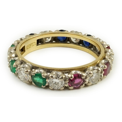 656 - A modern 18ct gold, ruby, sapphire, emerald and diamond set full eternity ring, size O/P, gross weig... 