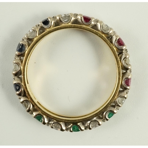 656 - A modern 18ct gold, ruby, sapphire, emerald and diamond set full eternity ring, size O/P, gross weig... 