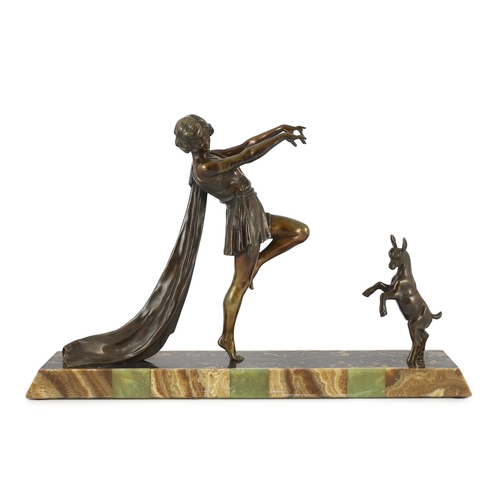 66 - Emile Carlier (1849-1927). A French Art Deco bronze and marble group of a toga dancer with a kid, on... 