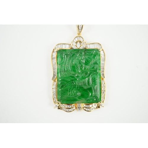 660 - A late 20th century gold (tests as 18ct) mounted jade pendant, with round, marquise and trapeze cut ... 