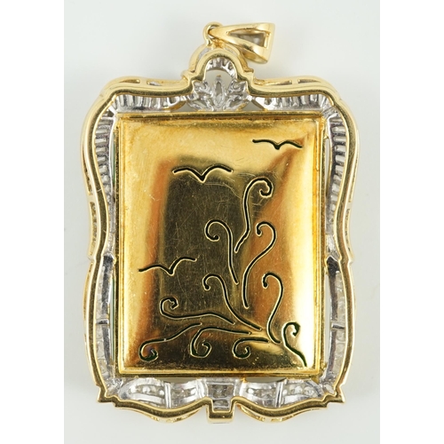 660 - A late 20th century gold (tests as 18ct) mounted jade pendant, with round, marquise and trapeze cut ... 