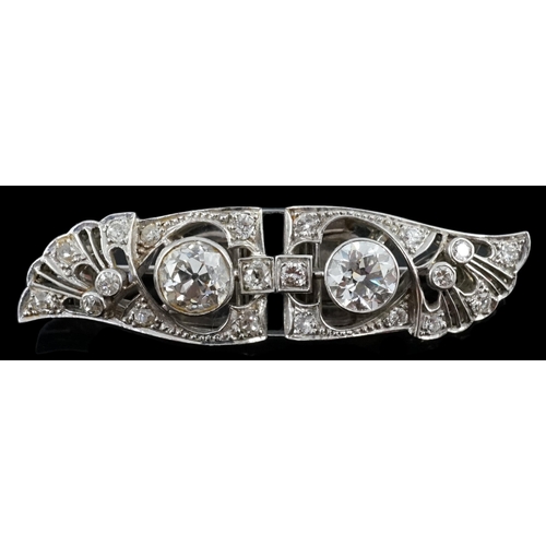 666 - A good Art Deco platinum and diamond cluster set double clip brooch, which can be worn as a single b... 