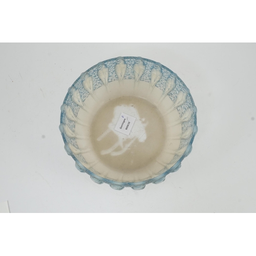 71 - Rene Lalique, a Perruches pattern opalescent glass bowl, with blue staining to the upper band, etche... 