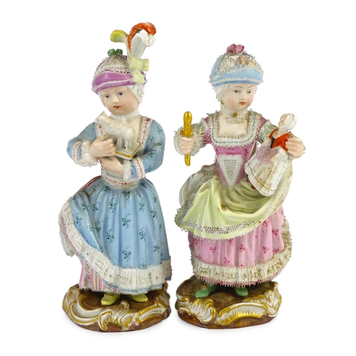 80 - Two Meissen figures of a girl holding a doll and another with a toy sheep, 19th century, each wearin... 