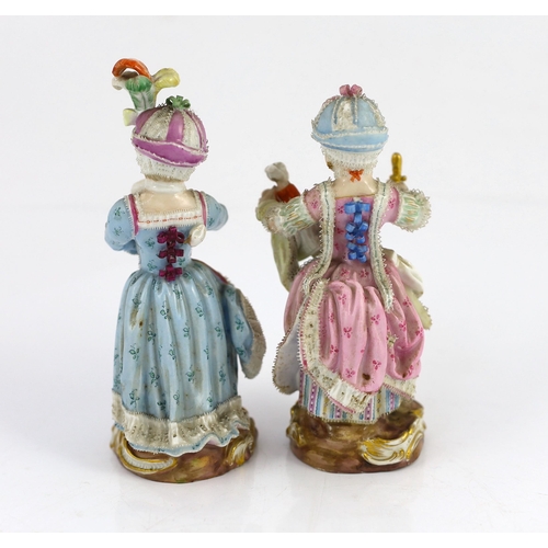 80 - Two Meissen figures of a girl holding a doll and another with a toy sheep, 19th century, each wearin... 