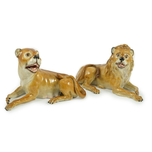 81 - A pair of Meissen figures of a recumbent lion and lioness, 19th century, after the models by J.J. Ka... 