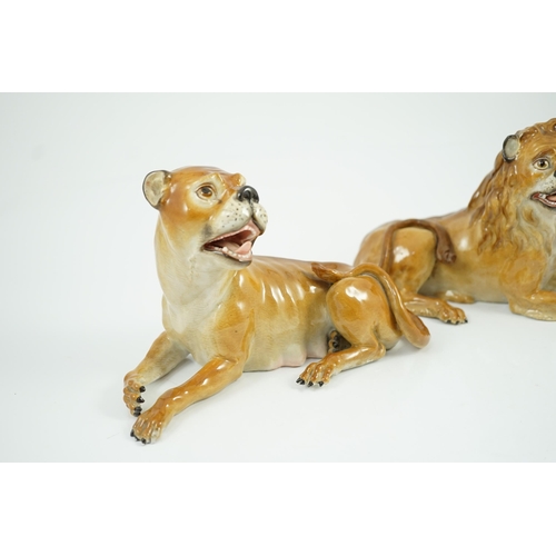 81 - A pair of Meissen figures of a recumbent lion and lioness, 19th century, after the models by J.J. Ka... 