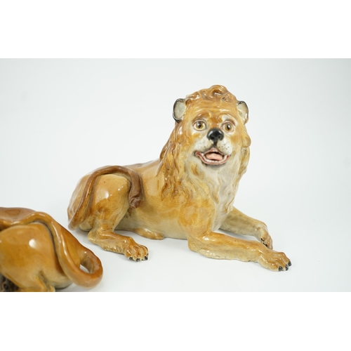 81 - A pair of Meissen figures of a recumbent lion and lioness, 19th century, after the models by J.J. Ka... 