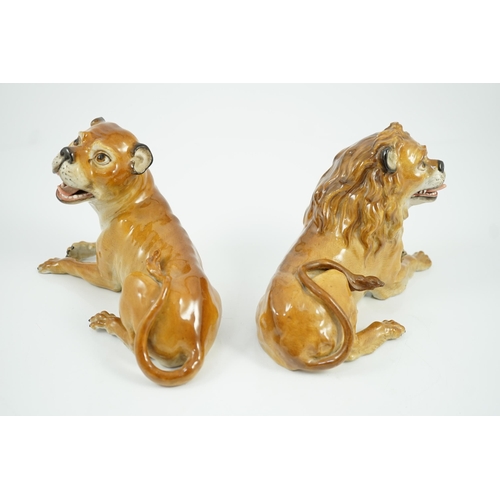 81 - A pair of Meissen figures of a recumbent lion and lioness, 19th century, after the models by J.J. Ka... 