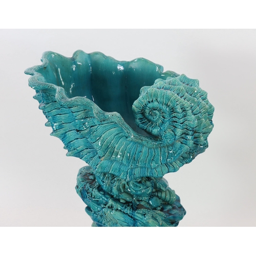 85 - An impressive Burmantofts turquoise glazed faience giant shell jardiniere and stand, c.1900, the j... 