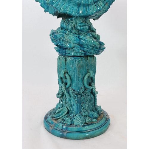 85 - An impressive Burmantofts turquoise glazed faience giant shell jardiniere and stand, c.1900, the j... 