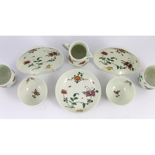 86 - A Worcester Honeysuckle pattern part tea and coffee set, c.1755-60, painted in colours with honeys... 