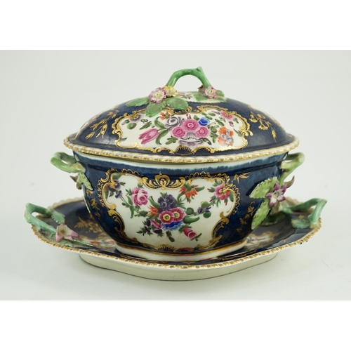 87 - A Worcester scale blue small tureen, cover and stand c.1775, typically painted with floral reserves ... 