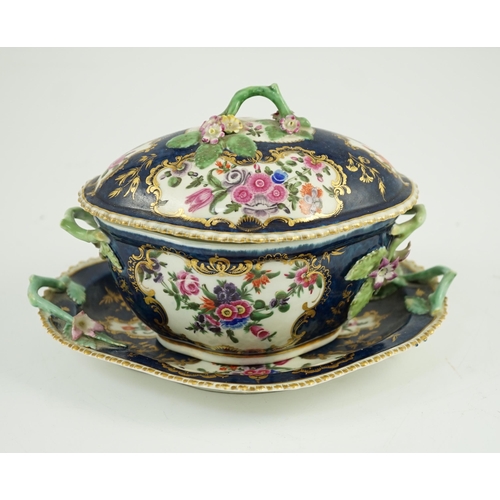 87 - A Worcester scale blue small tureen, cover and stand c.1775, typically painted with floral reserves ... 