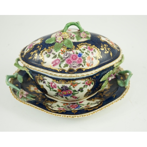 87 - A Worcester scale blue small tureen, cover and stand c.1775, typically painted with floral reserves ... 