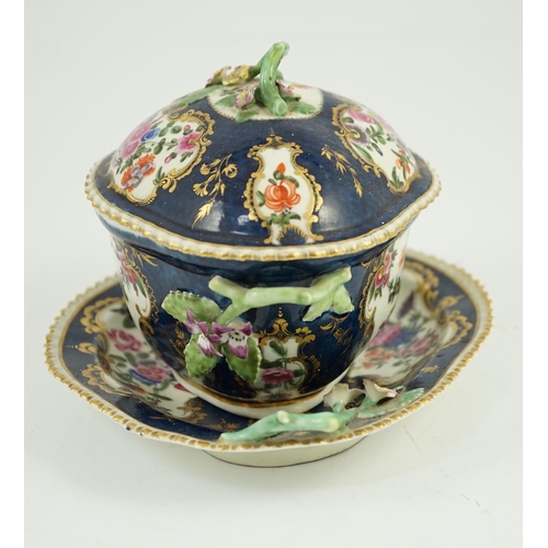 87 - A Worcester scale blue small tureen, cover and stand c.1775, typically painted with floral reserves ... 