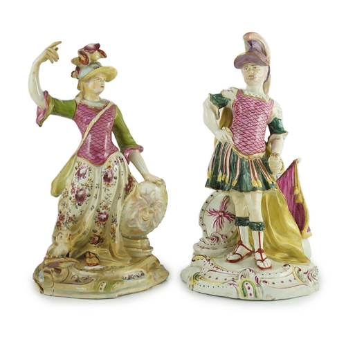 89 - A pair of large Derby porcelain figures of Minerva and Mars, c.1760, decorated in bright puce, yello... 