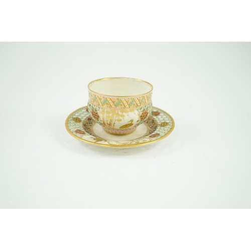 91 - A Royal Worcester reticulated miniature cabinet cup and saucer, late 19th century, each piece decora... 