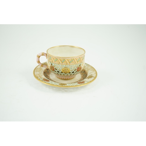 91 - A Royal Worcester reticulated miniature cabinet cup and saucer, late 19th century, each piece decora... 