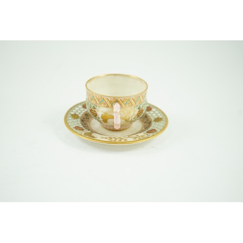 91 - A Royal Worcester reticulated miniature cabinet cup and saucer, late 19th century, each piece decora... 