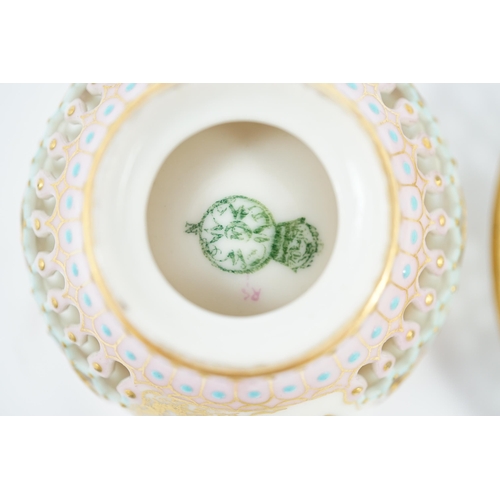 91 - A Royal Worcester reticulated miniature cabinet cup and saucer, late 19th century, each piece decora... 