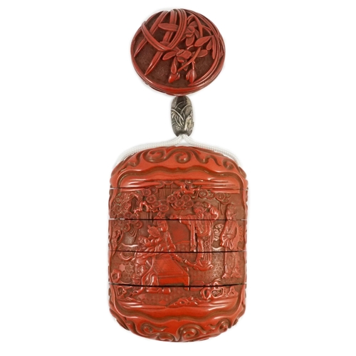 93 - A good Japanese tsuishu (carved red lacquer) four case inro, by Yosei, and a similar manju netsuke, ... 