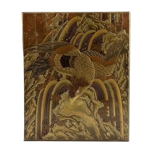 97 - A Japanese lacquer eagle and waterfall casket, Meiji period, the cover decorated with an eagle hov... 