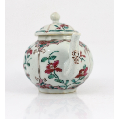 99 - A Chinese famille rose petal lobed teapot, Yongzheng period, painted with panels of pinkish red and ... 