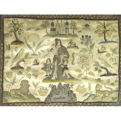 12 - A 17th century stumpwork panel depicting a mother and children in a garden, embroidered with stumpwo... 