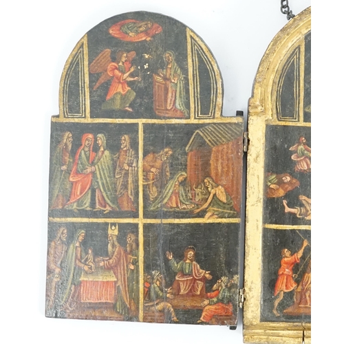 11 - A 17th century triptych case, oil on wood, Icon depicting the life of Christ, with a Saint receiving... 