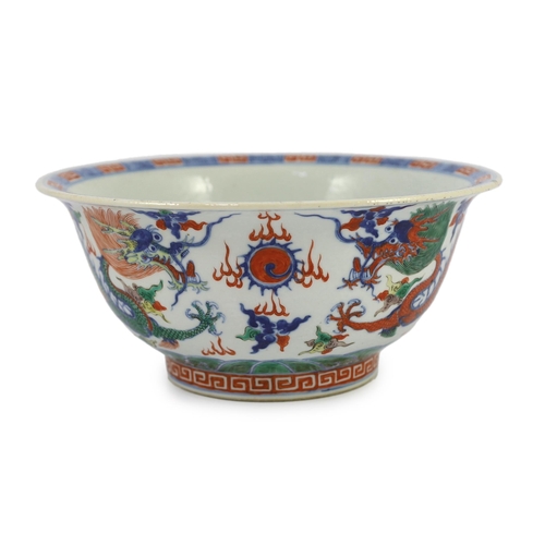 120 - A Chinese doucai 'dragon' deep bowl, 19th century, the interior painted with a confronting five claw... 