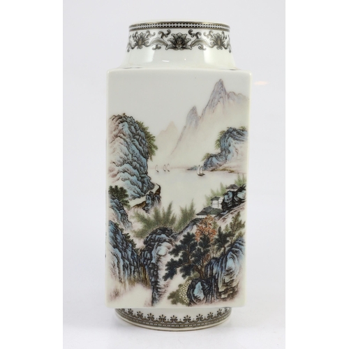 130 - A Chinese enamelled porcelain cong vase, mid 20th century, Jingdezhen mark, finely painted with mo... 