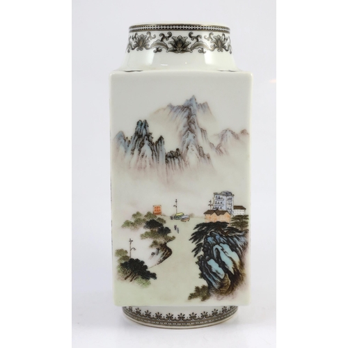 130 - A Chinese enamelled porcelain cong vase, mid 20th century, Jingdezhen mark, finely painted with mo... 