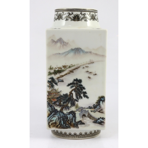 130 - A Chinese enamelled porcelain cong vase, mid 20th century, Jingdezhen mark, finely painted with mo... 