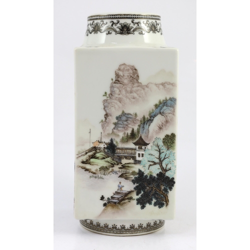 130 - A Chinese enamelled porcelain cong vase, mid 20th century, Jingdezhen mark, finely painted with mo... 