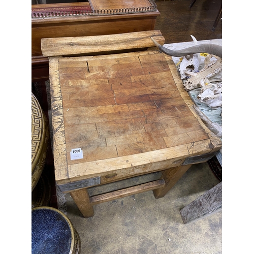 2060 - A Victorian iron bound pine butcher's block, width 61cm, depth 70cm, height 86cm