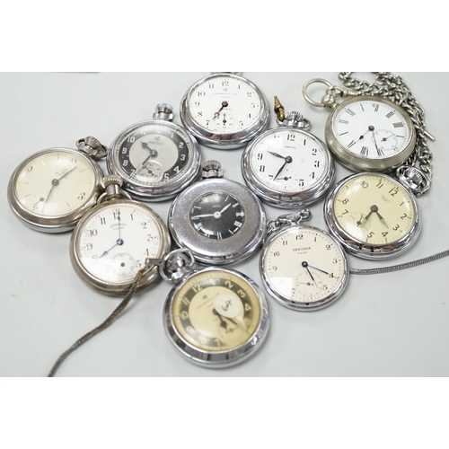 Ten assorted base metal pocket watches including Ingersoll Crown Sekonda and Smiths