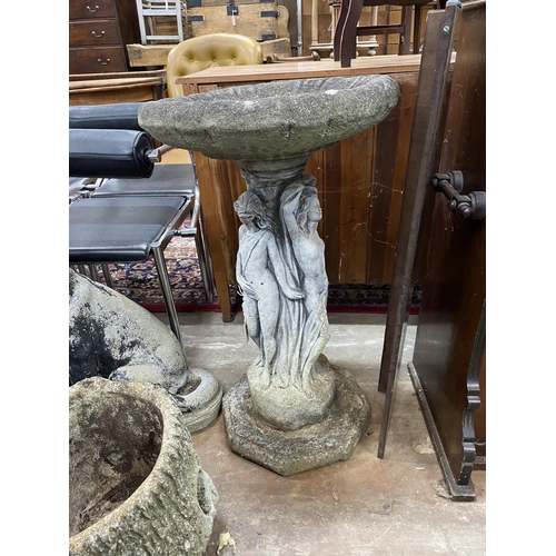 13 - A reconstituted stone circular 'The Three Graces' bird bath, diameter 48cm, height 84cm