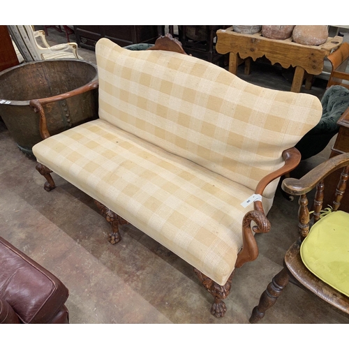 36 - An 18th century style mahogany two seater settee with scroll swan neck arms, width 160cm, depth 60cm... 