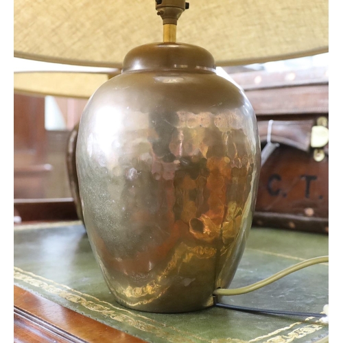 42 - A pair of contemporary copper table lamps, with shades, height including shades 40cm