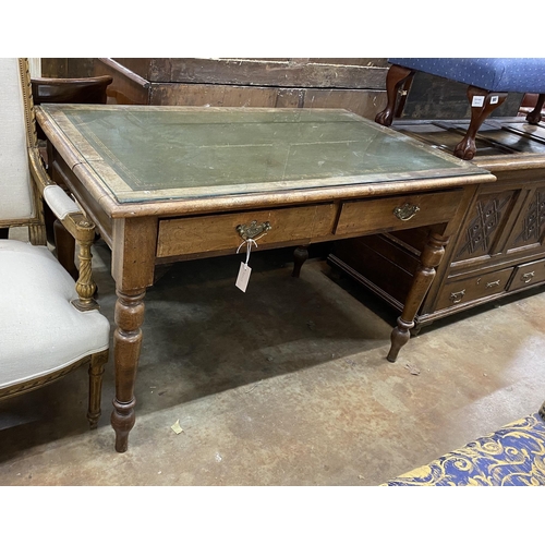 51 - A Victorian mahogany two drawer writing table, width 121cm, depth 74cm, height 76cm