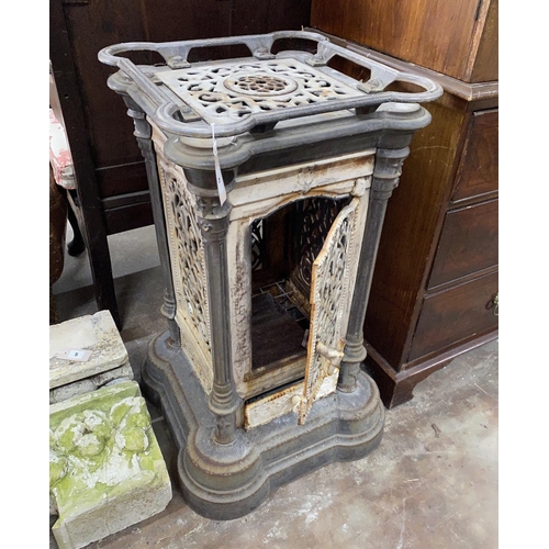 6 - A 19th century French enamelled cast iron conservatory heater, lacking burner, width 44cm, height 85... 