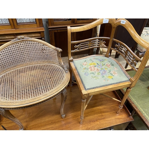 1091 - A French oval caned walnut oval seat chair and an inlaid satinwood corner chair