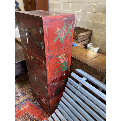 1103 - A Chinese lacquer four section cabinet, width 51cm, depth 31cm, height 128cm