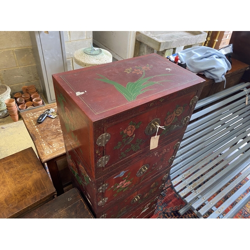 1103 - A Chinese lacquer four section cabinet, width 51cm, depth 31cm, height 128cm