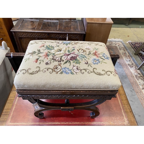 1111 - An early 20th century Regency style mahogany X frame dressing stool with tapestry box seat, width 60... 