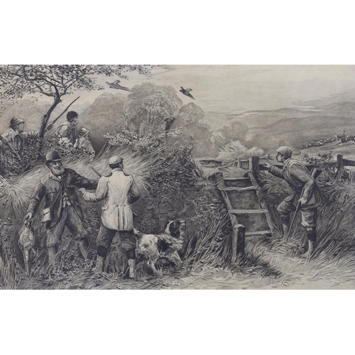 1723 - A Victorian engraving of a pheasant shoot, 42 x 60 cm, in a later maple frame