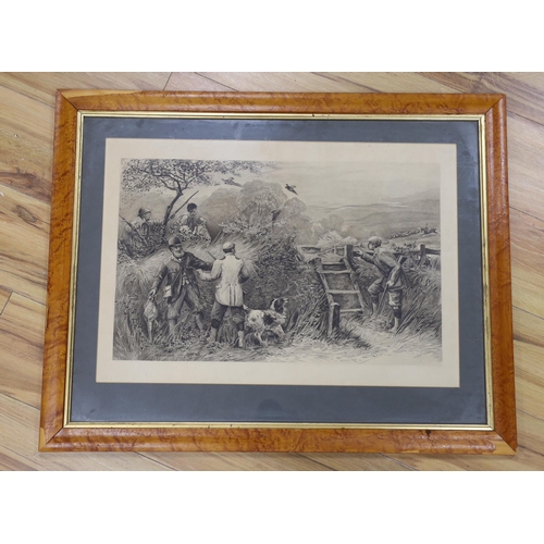 1723 - A Victorian engraving of a pheasant shoot, 42 x 60 cm, in a later maple frame