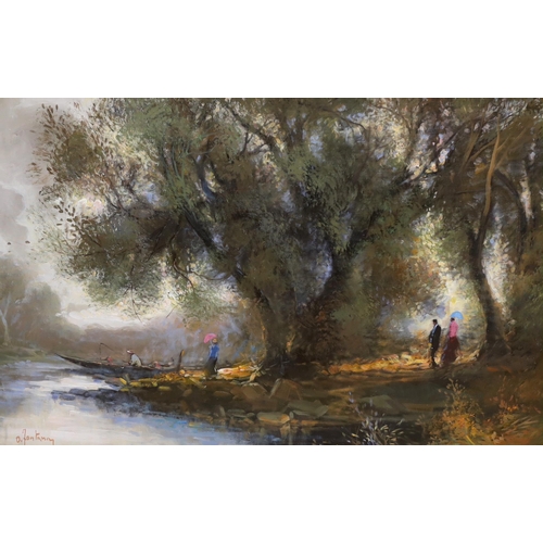 1724 - O. Fontana (late 20th century), oil on canvas, figures by a river, 59 x 89cm